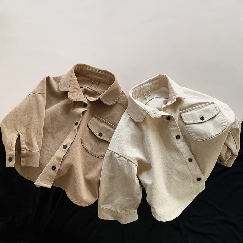 キッズファッション シャツ ナチュラルコットン胸ポケット付き長袖シャツ