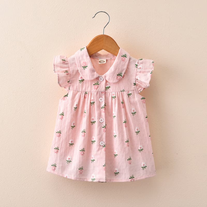 キッズファッション ワンピース 小花柄フリル袖シャツワンピース