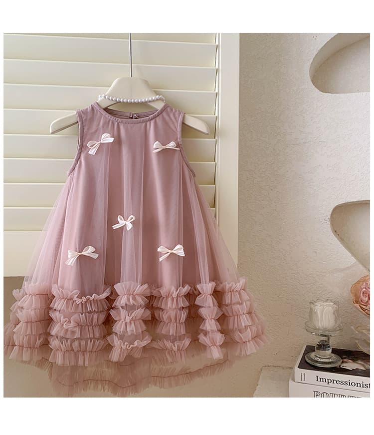 キッズファッション ドレス 小花リボン付きふわふわチュール姫様ドレス