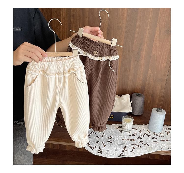 キッズファッション パンツ レース付きコーデュロイブルマ風パンツ