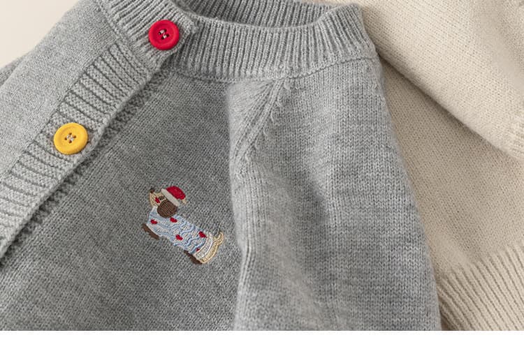 キッズファッション ニット 子犬刺繍レインボーボタンニットカーディガン