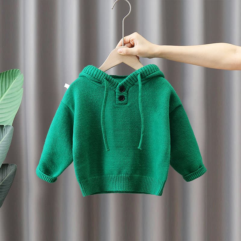 キッズファッション ニット 子供用ボタン付きフード編み上着