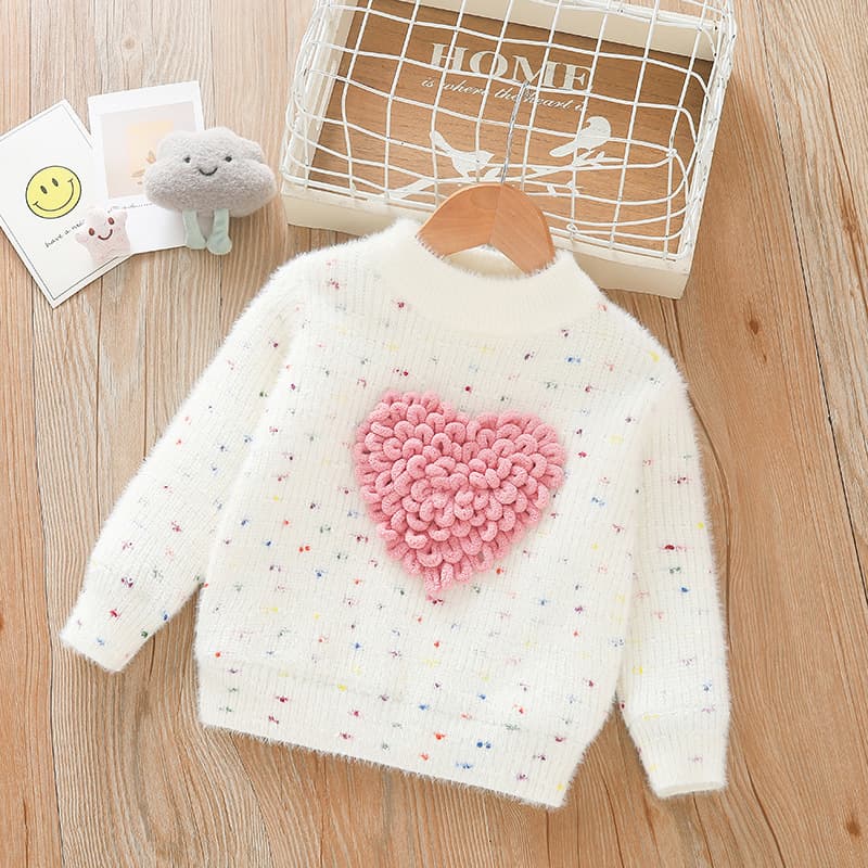キッズファッション ニット ふわふわハート立体編み込み長袖セーター