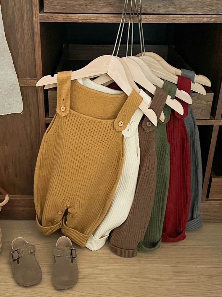 キッズファッション パンツ リブ編みニットサロペットパンツ