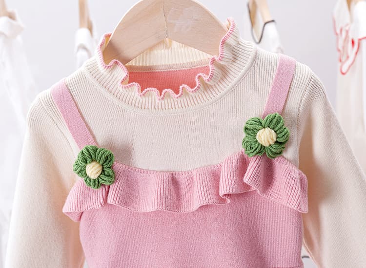 キッズファッション ワンピース 花飾り付きニット重ね着風長袖ワンピース