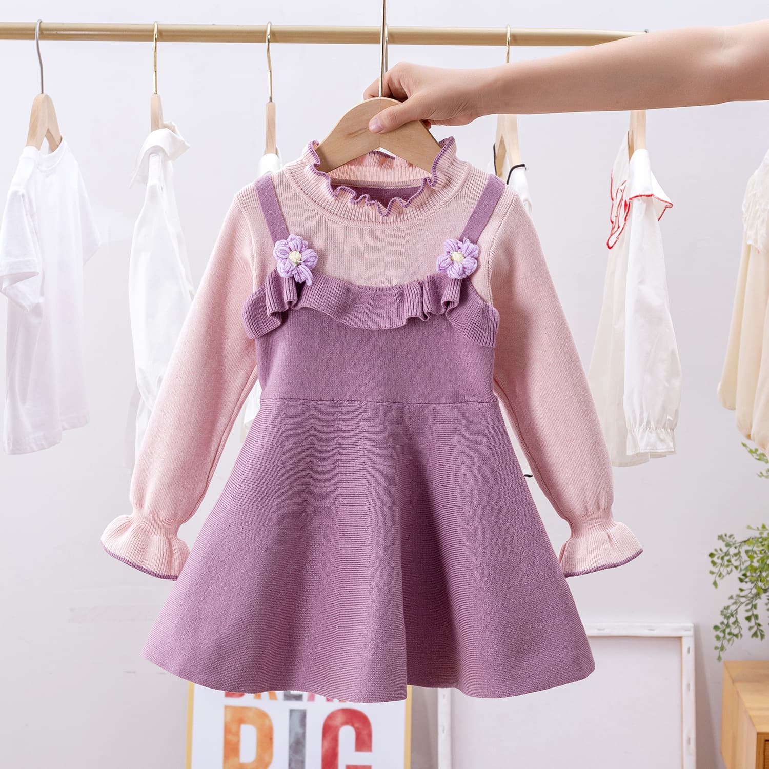 キッズファッション ワンピース 花飾り付きニット重ね着風長袖ワンピース