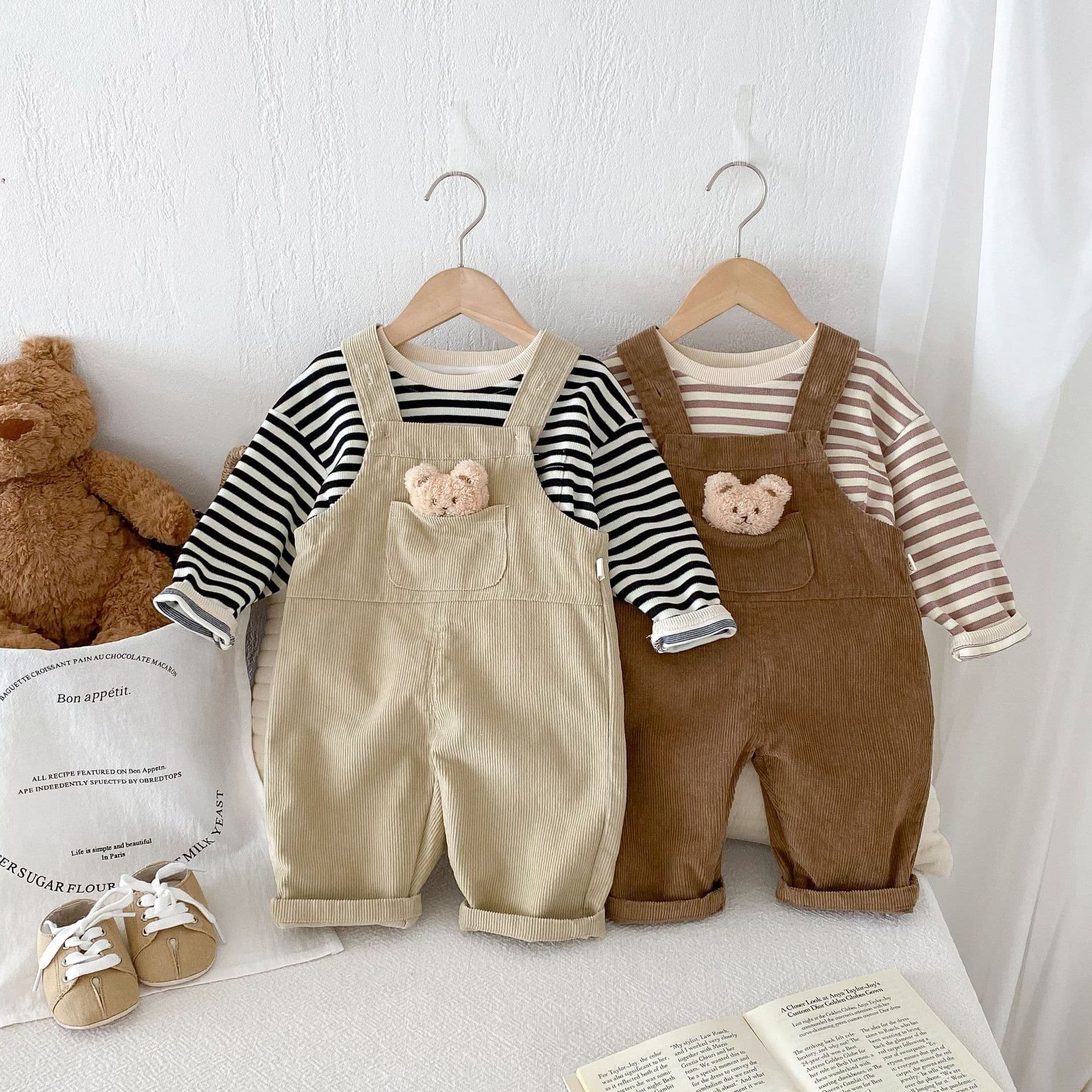 キッズファッション パンツ くまちゃんワッペン付きコーデュロイサロペット