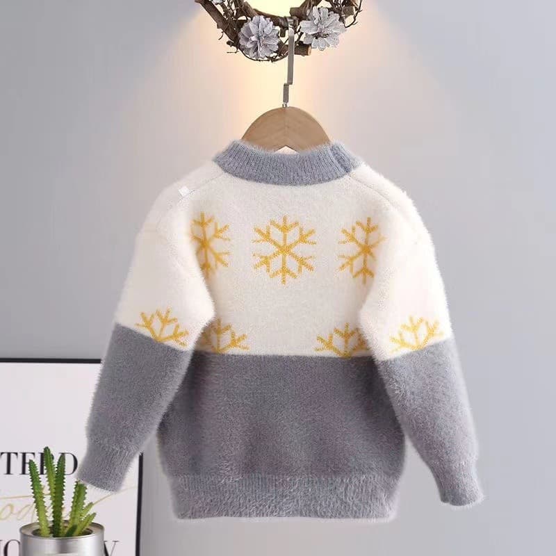 キッズファッション ニット くまさん雪の結晶編み込み丸首長袖セーター