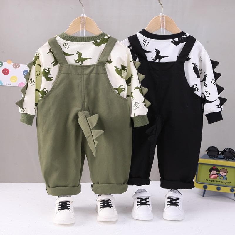 キッズファッション パンツ 恐竜プリント長袖トップス付きサロペットセット