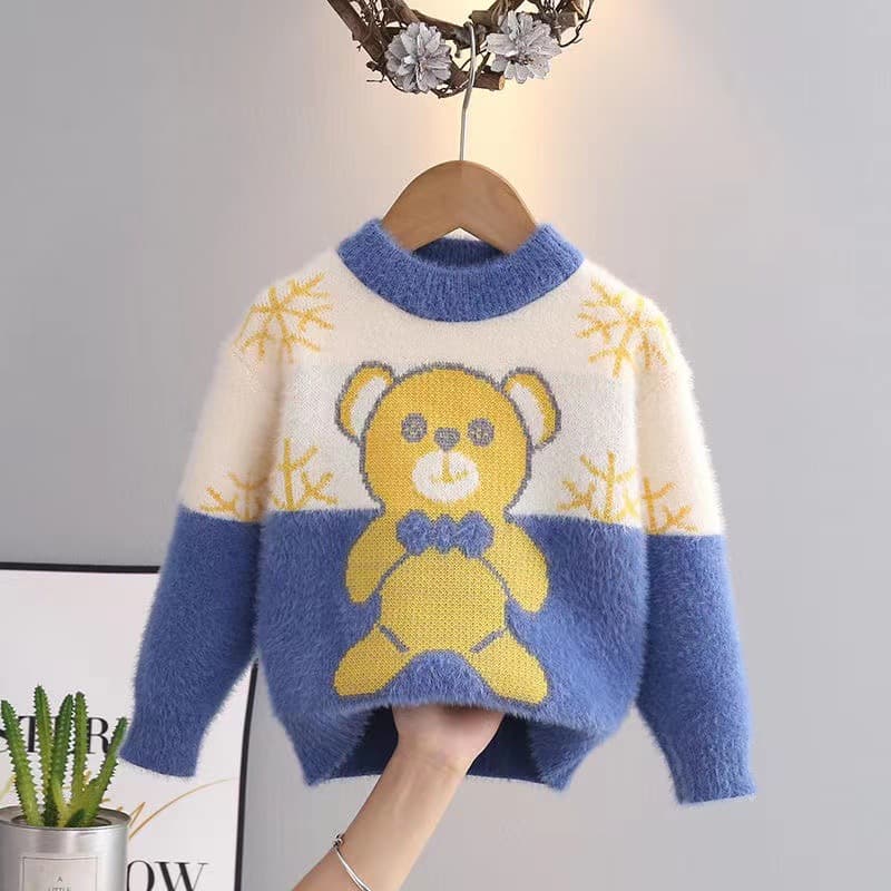 キッズファッション ニット くまさん雪の結晶編み込み丸首長袖セーター