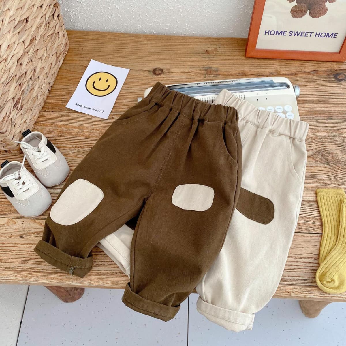 キッズファッション パンツ 可愛い膝あて付きゆったりサルエル風ベビーパンツ