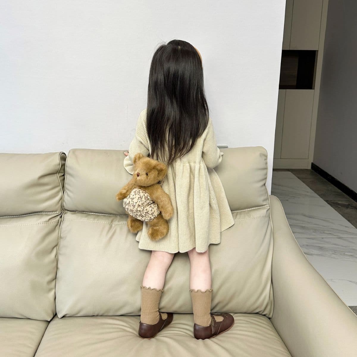 キッズファッション ワンピース リブニット長袖ハイネックフレアワンピース