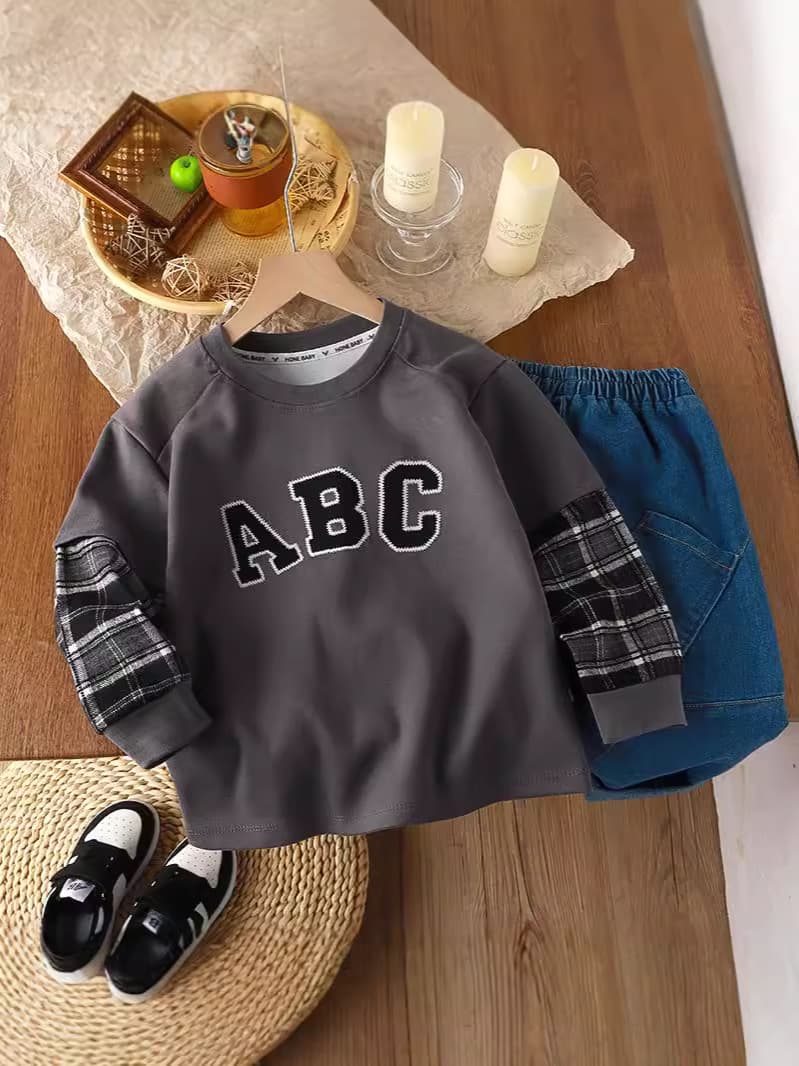 キッズファッション トレーナー アルファベット刺繍チェック切り替えトレーナー