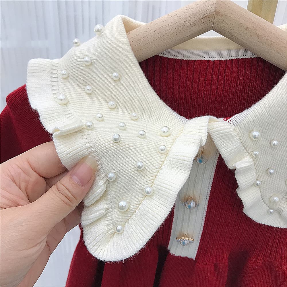 キッズファッション ワンピース 小花柄大襟ニットワンピース