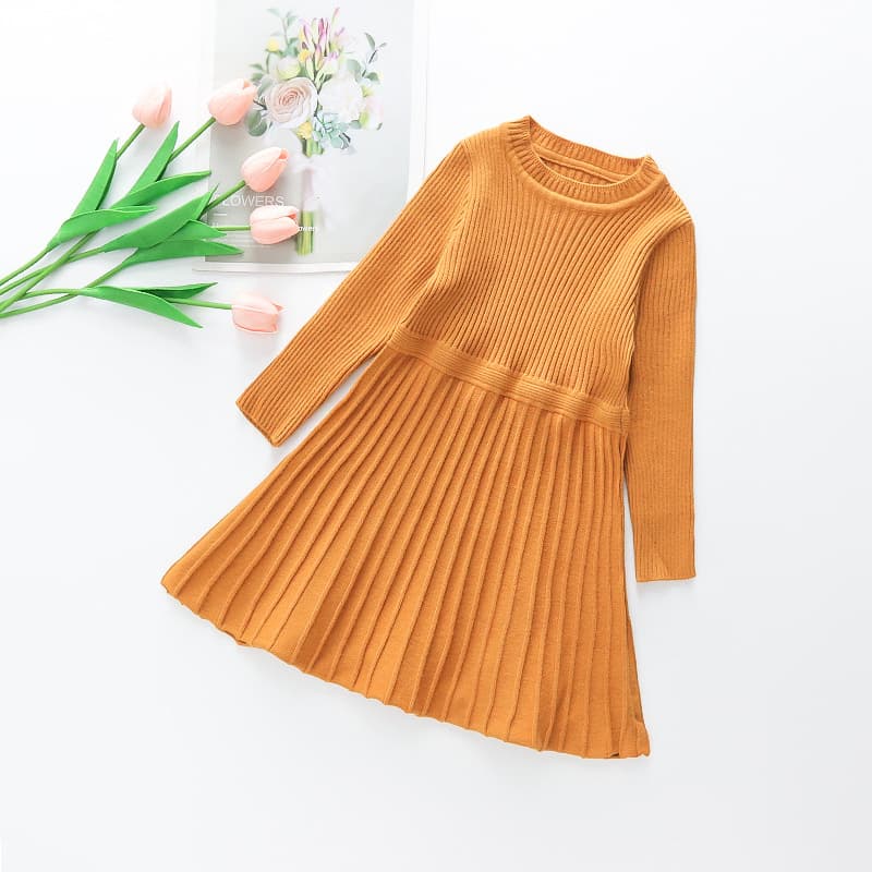 キッズファッション ワンピース 女の子用リブニット長袖プリーツワンピース
