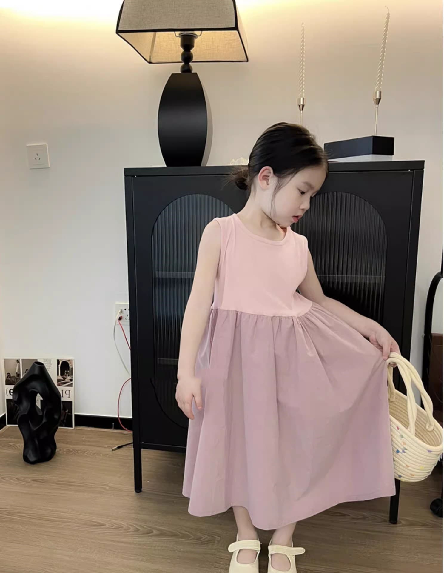 キッズファッション ワンピース 上品切り替えノースリーブロング丈女の子ワンピース