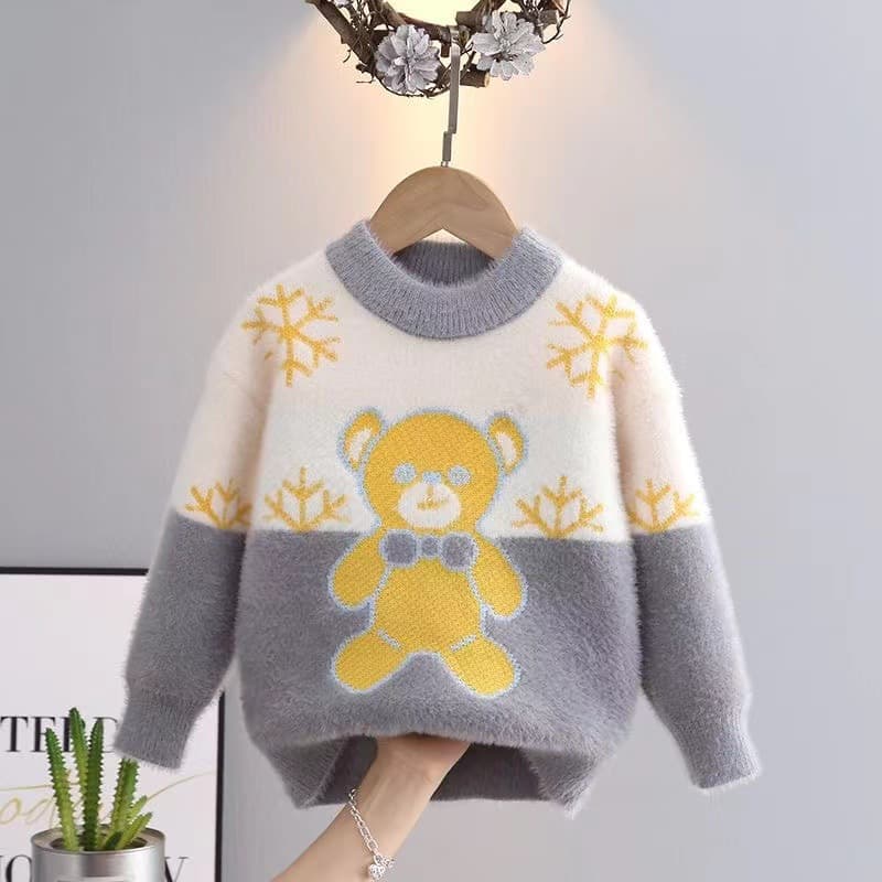 キッズファッション ニット くまさん雪の結晶編み込み丸首長袖セーター